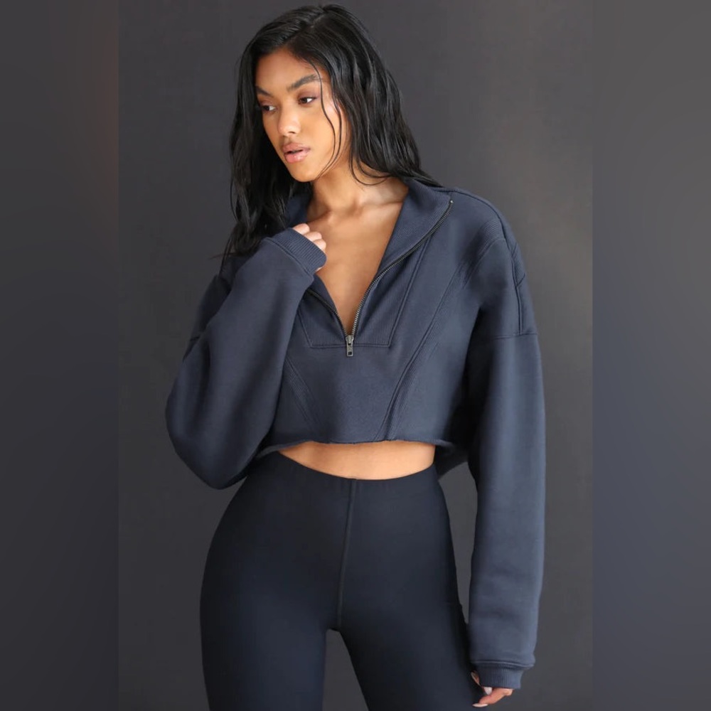 $218 JOAH BROWN NAVY HALF ZIP CROP SWEATSHIRT SKIMS HAILEY BIEBER FREE PEOPLE - Picture 6 of 6
